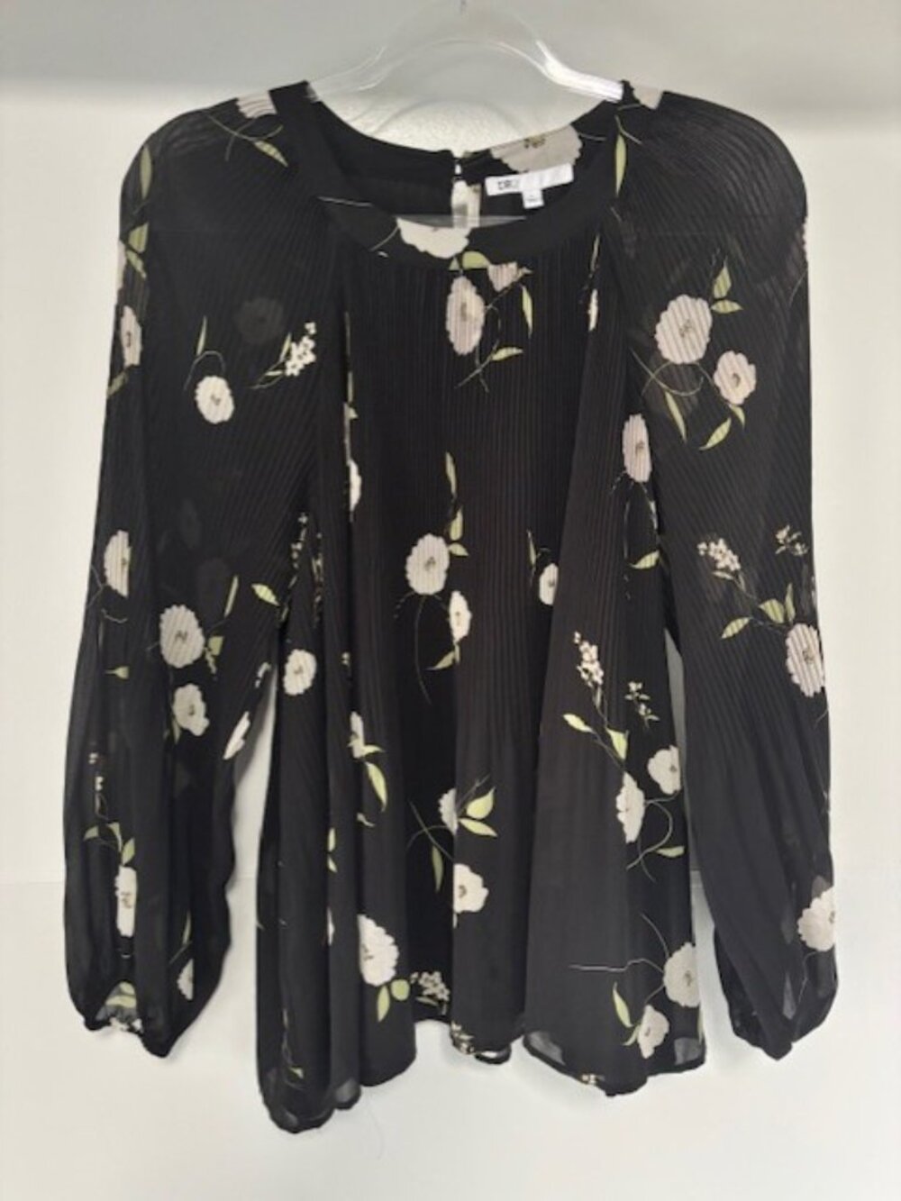DR2 Black Floral Long Blouson Sleeve Pleated Blouse L Careerwear Feminine Chic